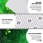 Overhead perspective of green clover artwork and ornate filigree vines on an area rug. - thumbnail image 4 of 8