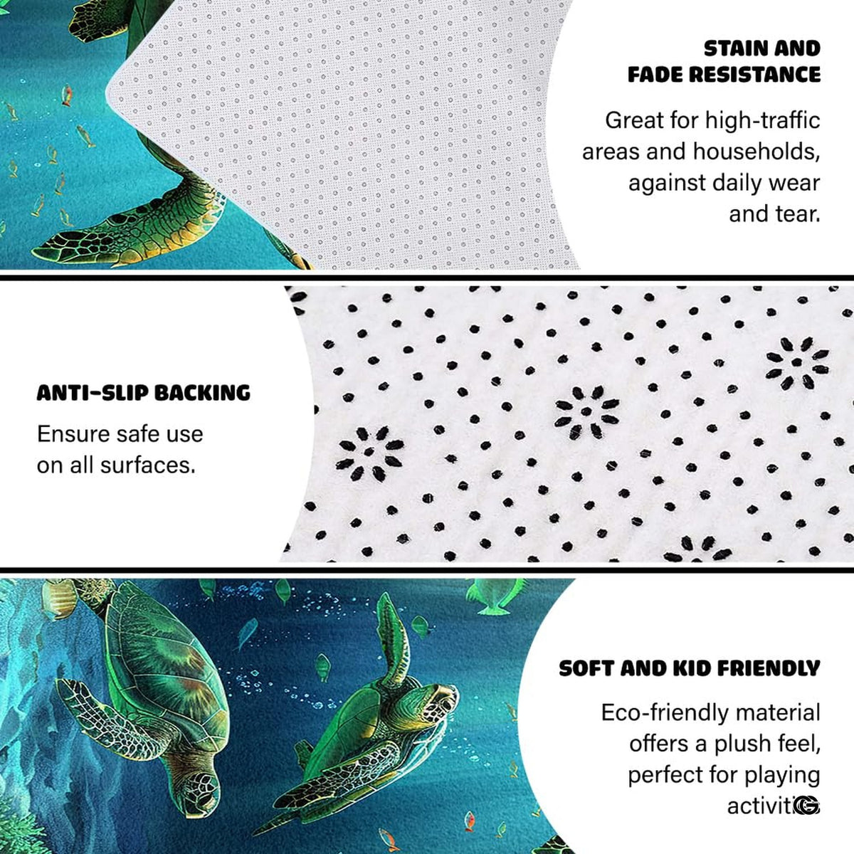 Artistic ocean coral reef sea turtle area rug styled in a modern entryway.