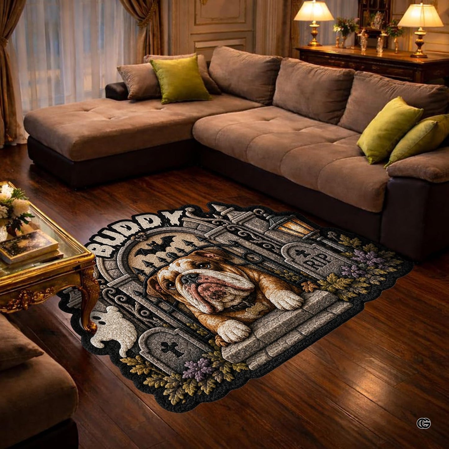 Custom Dog Photo Rug, Personalized Pet Portrait Area Mat Non Slip Indoor Door Rug for Dog Lovers, Welcome Home Decor Halloween (Spooky Graveyard Gate)