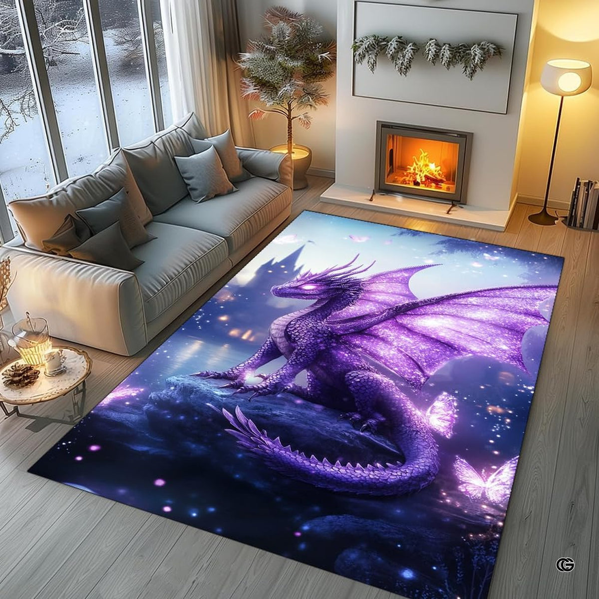 Bright sunroom setting with the fantasy dragon area rug centered on light wooden flooring - image 5 of 7