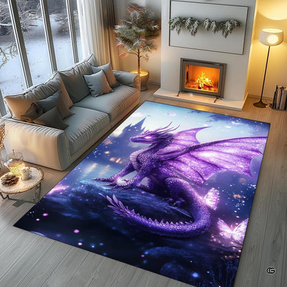 Bright sunroom setting with the fantasy dragon area rug centered on light wooden flooring - thumbnail image 5 of 7