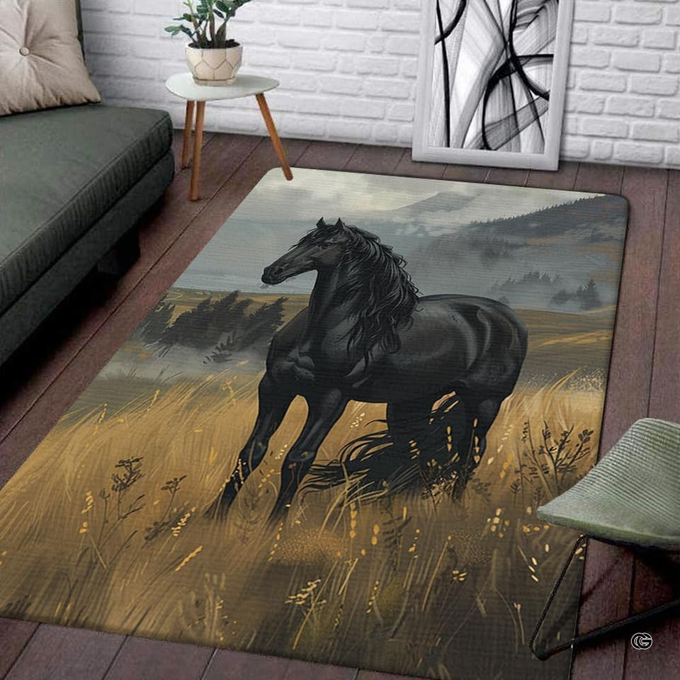 Black horse area rug featuring a galloping dark steed across golden prairie grassland.