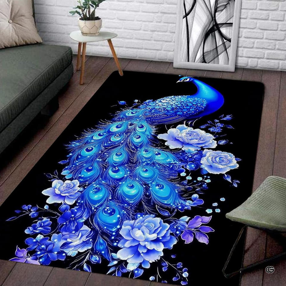 Full overhead view of blue peacock rug featuring glowing sapphire feathers and powder blue roses on jet black.