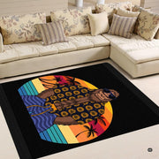Stylized Bigfoot sunset area rug placed in a modern tropical coastal living room setting with contemporary furniture. - thumbnail image 4 of 5