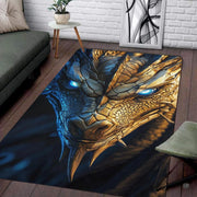 Armored dragon area rug featuring glowing cyan eyes and split-tone golden brass and steel scales. - thumbnail image 1 of 7