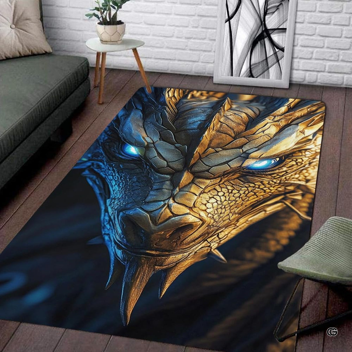 Armored dragon area rug featuring glowing cyan eyes and split-tone golden brass and steel scales. - image 1 of 7