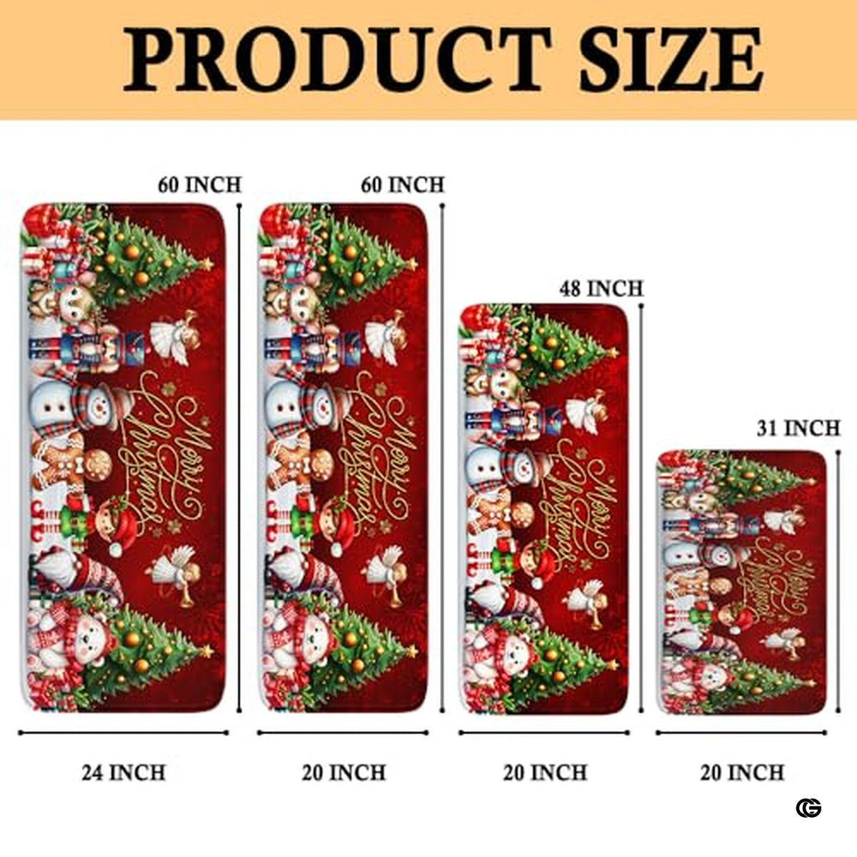 Festive Merry Christmas holiday hallway runner rug with nutcracker, snowman, and holiday friends. (Angle 2)