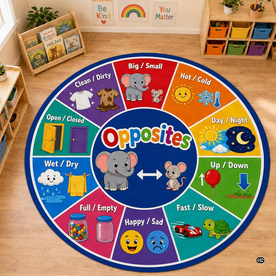 Circular classroom area rug with animal illustrations and colorful wedges for educational learning mats activities.