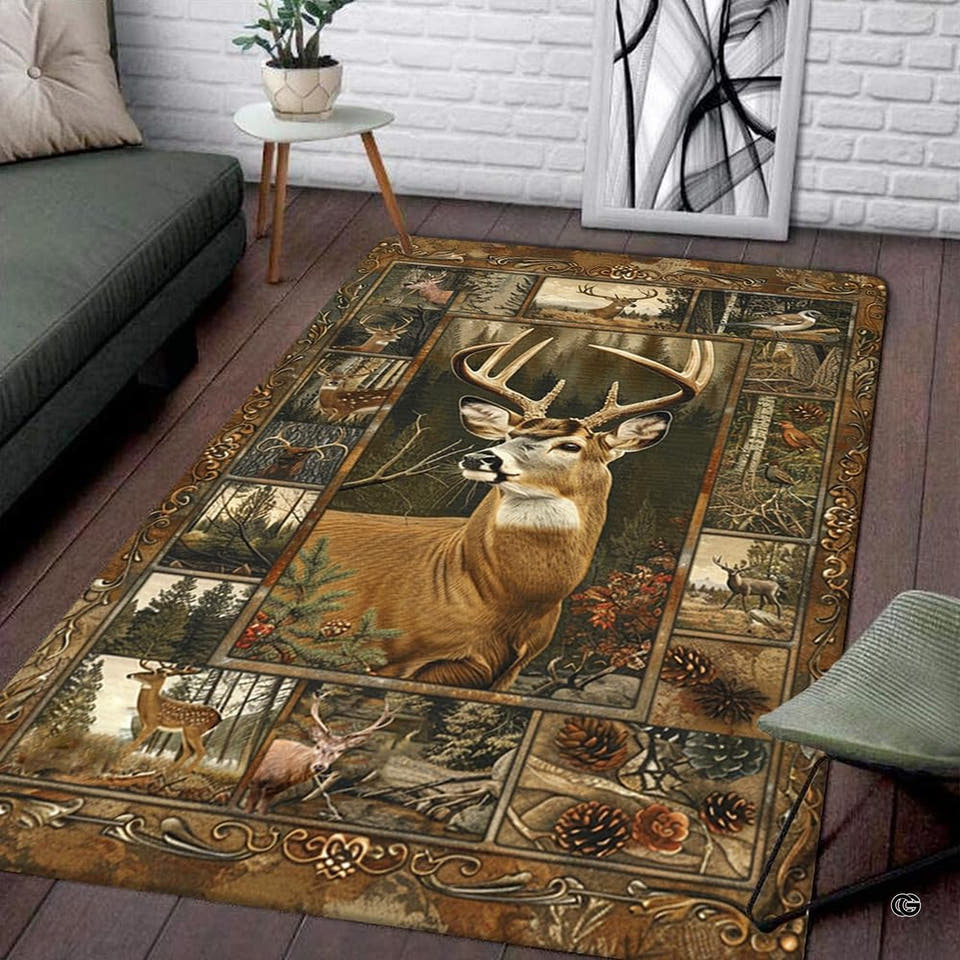 Living room corner with gray sofa and side table highlighting the rectangular rustic deer wildlife area rug.
