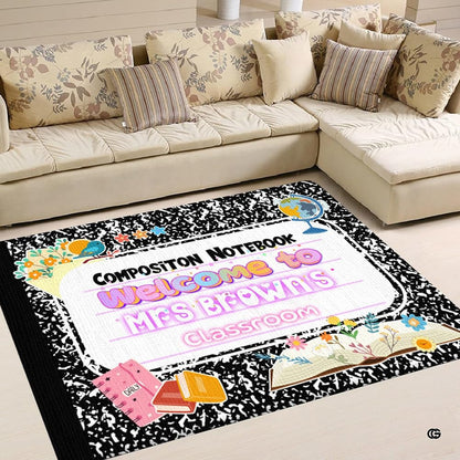 Scholastic marbled area rug displaying vintage stacked books and retro botanical illustrations. - thumbnail image 1 of 8