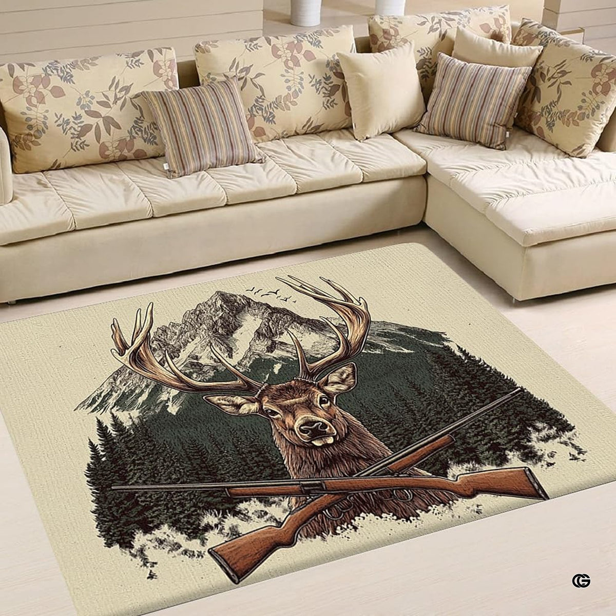 Rustic deer area rug featuring an antlered stag, pine forest, alpine peaks, and crossed hunting rifles.