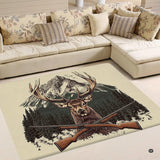 Rustic deer area rug featuring an antlered stag, pine forest, alpine peaks, and crossed hunting rifles.