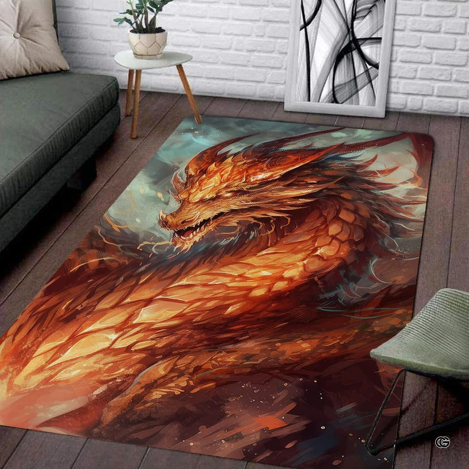 Living room corner view showing the rectangular golden fire dragon area rug on dark wood floor.