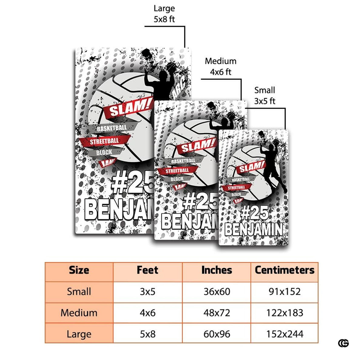 Dimensions and sizing options chart for basketball slam dunk living room area rug