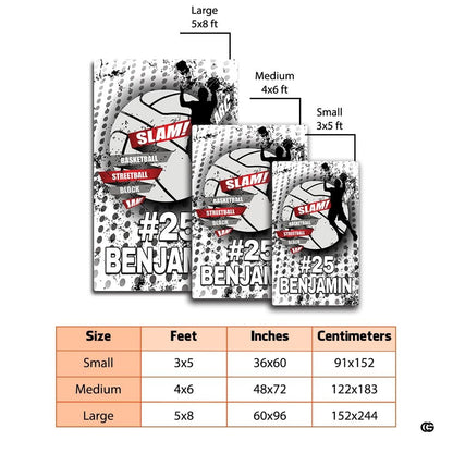 Dimensions and sizing options chart for basketball slam dunk living room area rug - thumbnail image 2 of 7