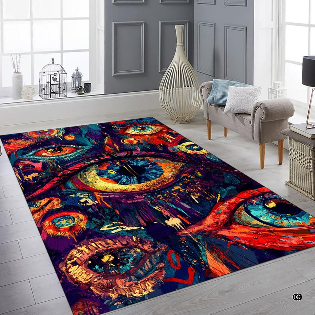 Close view of dripping grunge oil-paint textures across an expressive surreal area rug. - image 6 of 8
