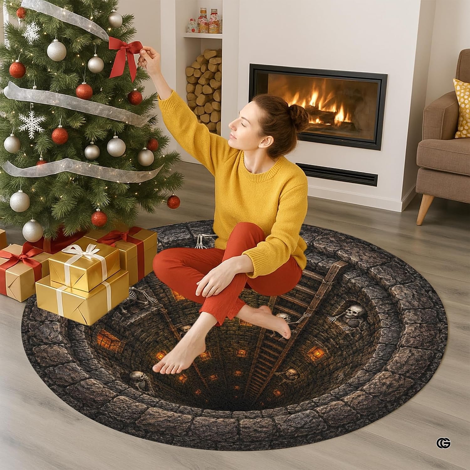 Custom Halloween 3D Optical Illusion Round Rug Skeleton Horror Area Rug (1, #13)