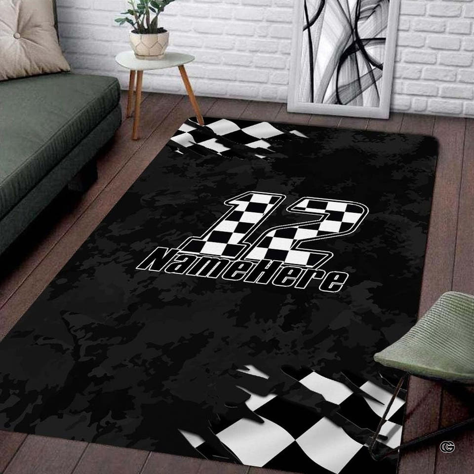 Personalized Checkered Flag Race Track Area Rug, Non-Slip - Design 04