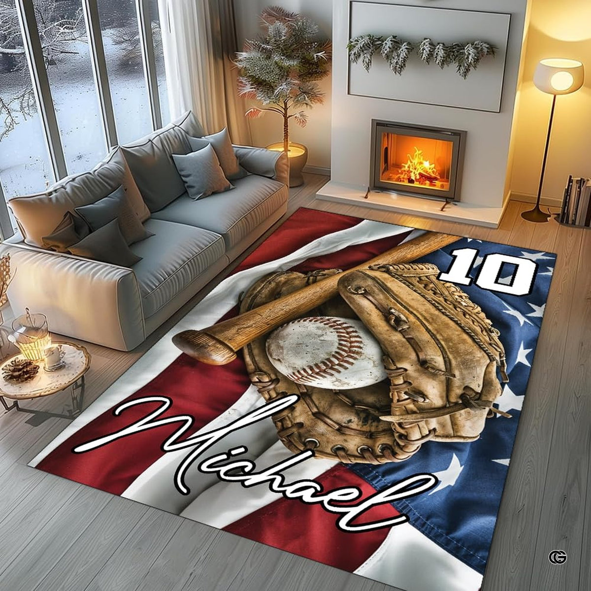 Sports fan cave layout displaying the patriotic baseball rug on hardwood flooring - image 5 of 8