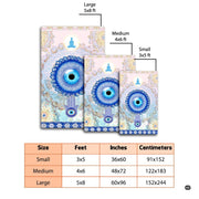 Top-down view of mystic spiritual area rug with cobalt blue evil eye amulet and ornamental circular mandala. - thumbnail image 2 of 8