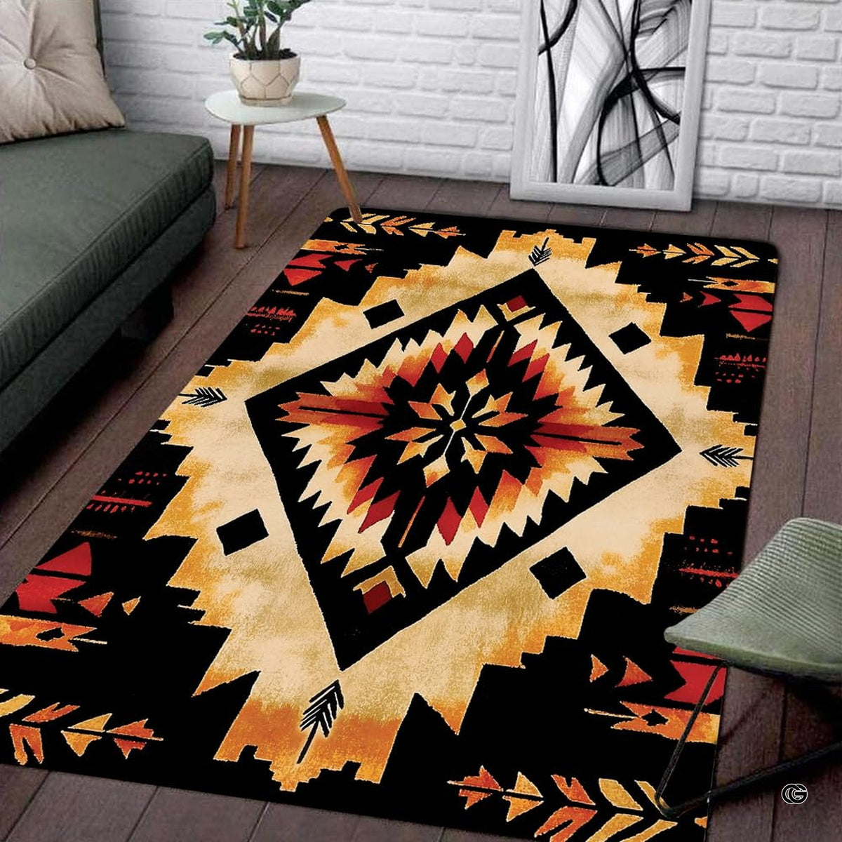 Detailed view of jagged stepped borders and feather accents on southwestern geometric area rug.