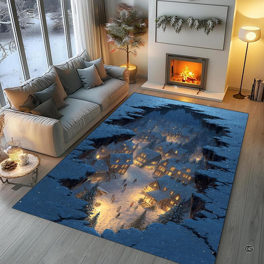 Frozen ice crevasse illuminated winter village rectangular area rug in top overhead view