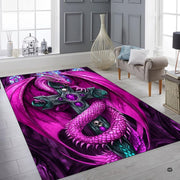 Bedroom layout showing the vibrant magenta dragon cross rug near wooden furnishings - thumbnail image 6 of 8