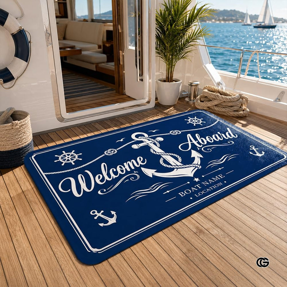 Custom Boat Rug, Personalized Welcome Aboard Mat with Boat Name, Nautical Area Rug for Deck, Entryway or Floor, Anchor Marine Decor, Boating Gift (Boat Rug 07)
