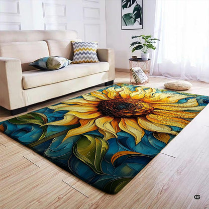 Swirling sunflower area rug styled on light wood floor in modern living room setting. - thumbnail image 4 of 7