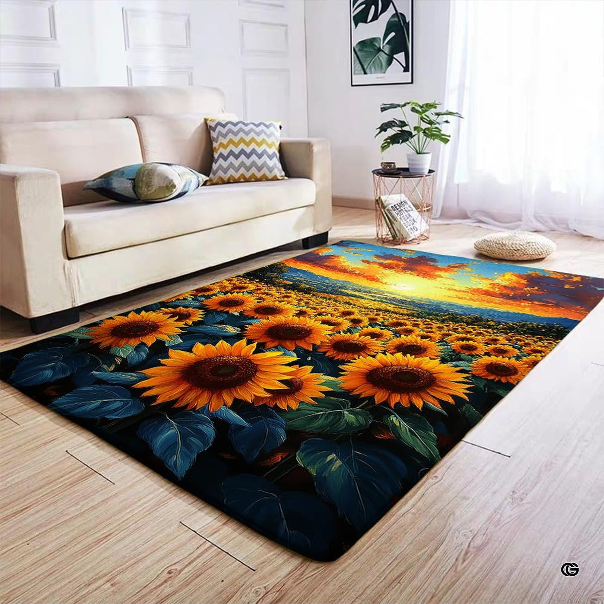 Anti-slip dot backing and hemmed edge stitching on landscape sunflower rug