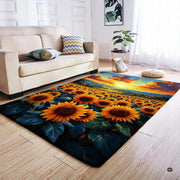 Anti-slip dot backing and hemmed edge stitching on landscape sunflower rug - thumbnail image 4 of 7