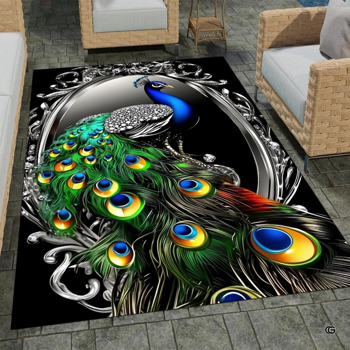 Overhead perspective of ornate rococo silver scroll frame and vibrant peacock motif floor covering.
