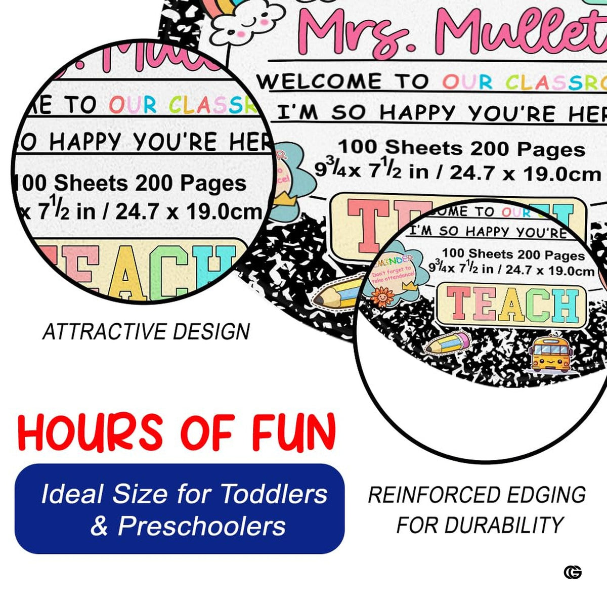 Detailed view of central label frame with cute star, heart badge, and bumblebee elements.