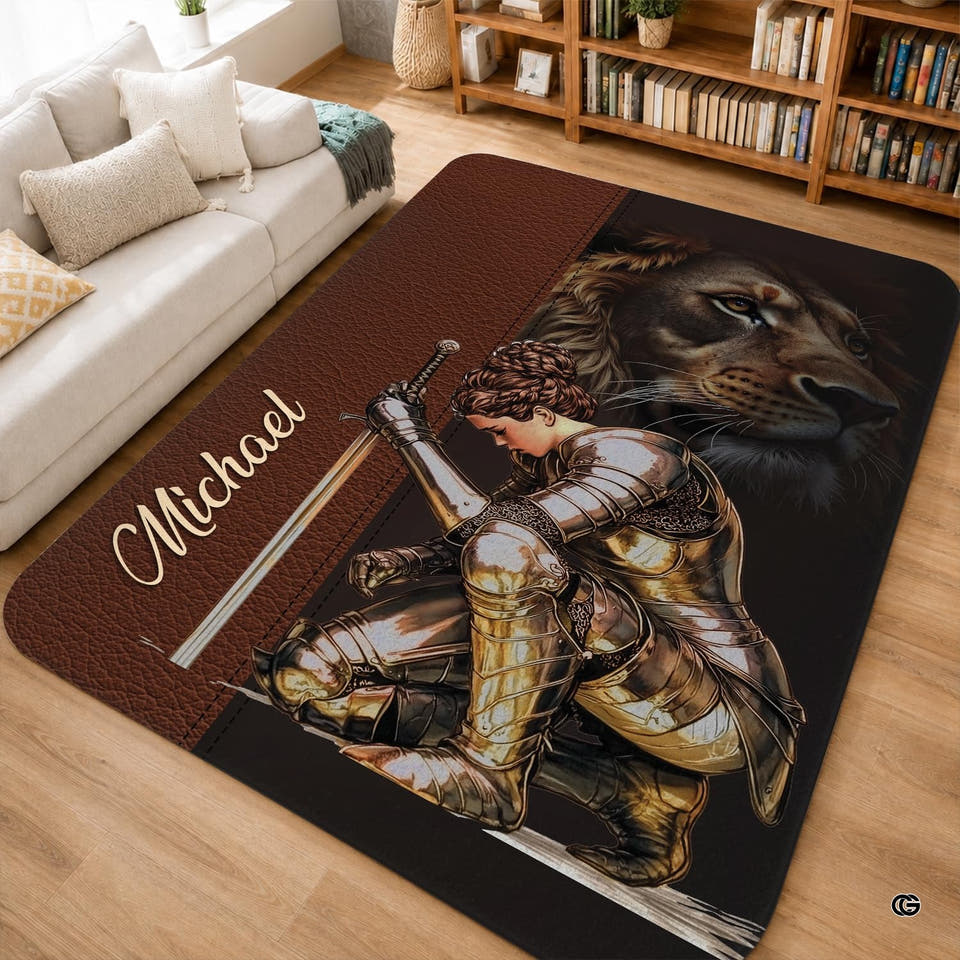 Kneeling armored warrior and lion fantasy art area rug on light wood flooring