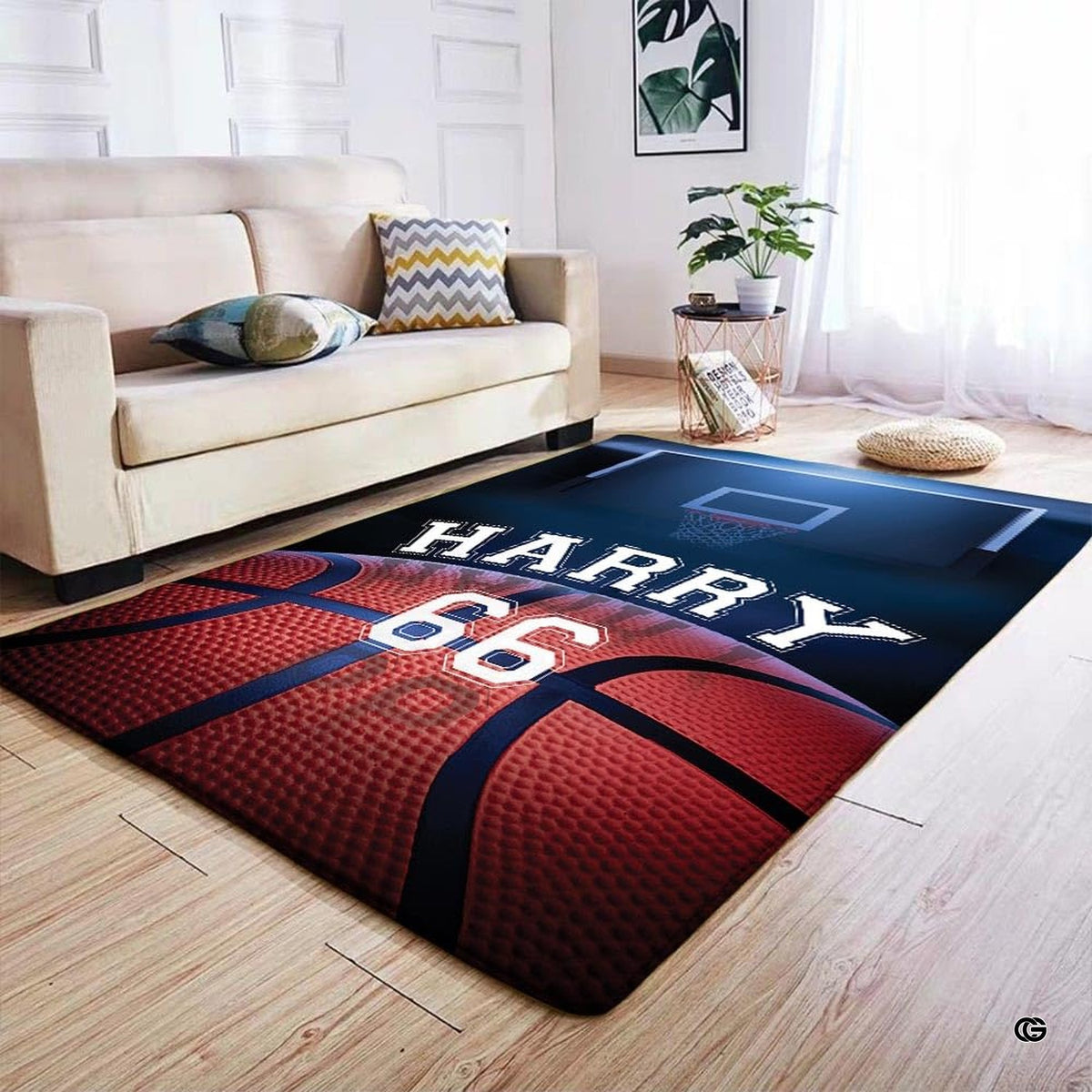 Game room decor arrangement featuring basketball court arena rug and navy stadium backdrop