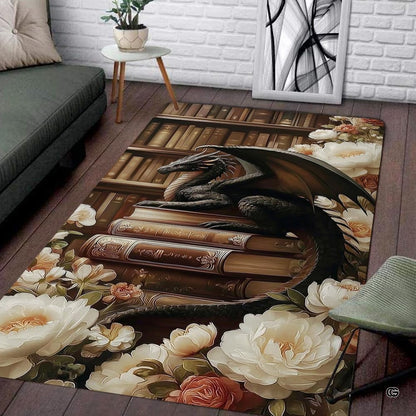 Gothic black dragon resting on antique leather books surrounded by white peony flowers in a library area rug. - thumbnail image 7 of 8