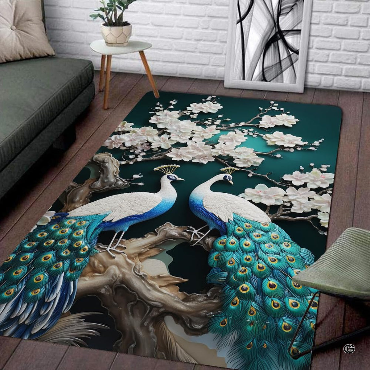 Moonlit peacock floral bird rug featuring turquoise plumage and pale magnolia blossoms on deep teal.