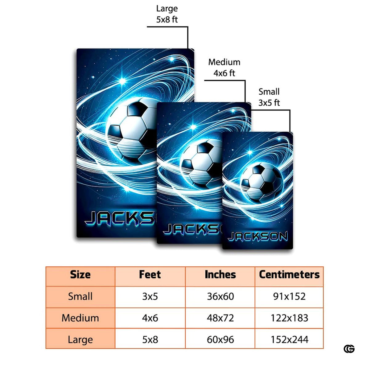 Dimension comparison chart displaying multiple size formats for this neon soccer area rug.