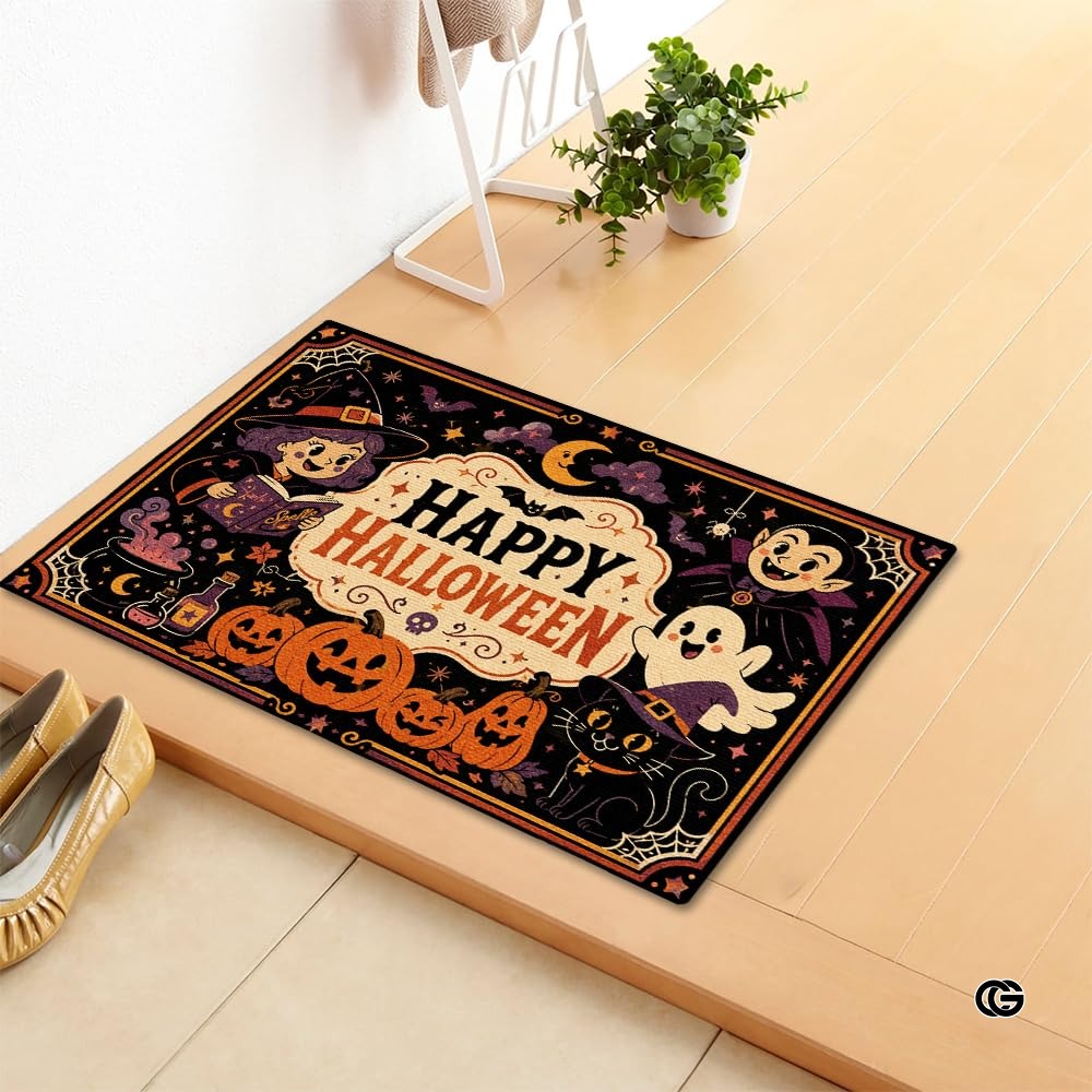 Halloween Door Mat Outdoor, Custom Spooky Welcome Mat with Black Cat and Pumpkin, Fall Front Door Mat for Porch Entryway Decor #2
