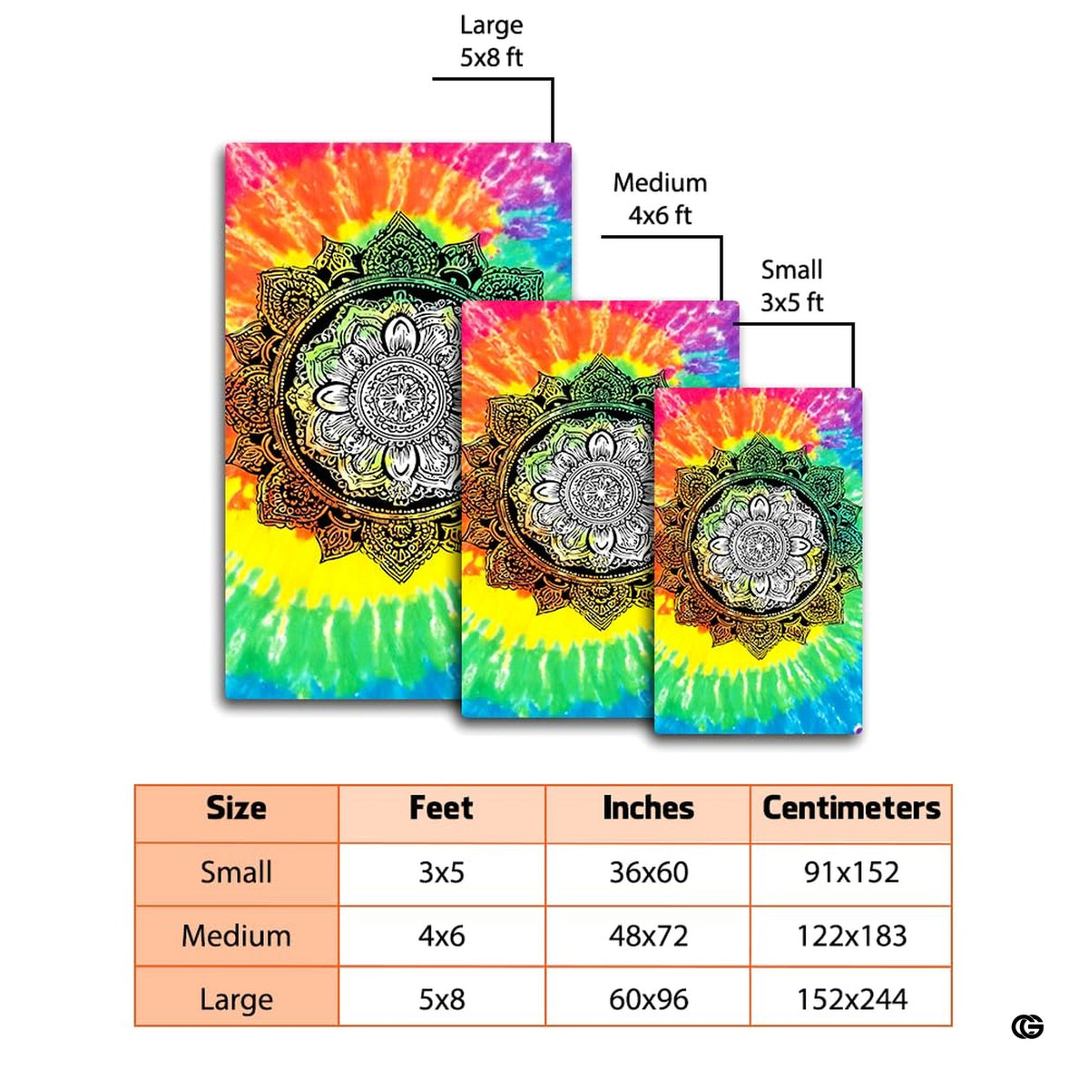 Circular floral geometry and colorful rainbow tie dye rug design in a bright living room.