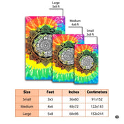 Circular floral geometry and colorful rainbow tie dye rug design in a bright living room. - thumbnail image 2 of 8