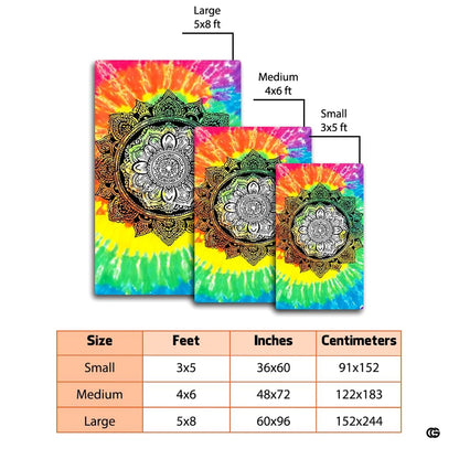 Circular floral geometry and colorful rainbow tie dye rug design in a bright living room. - thumbnail image 2 of 8