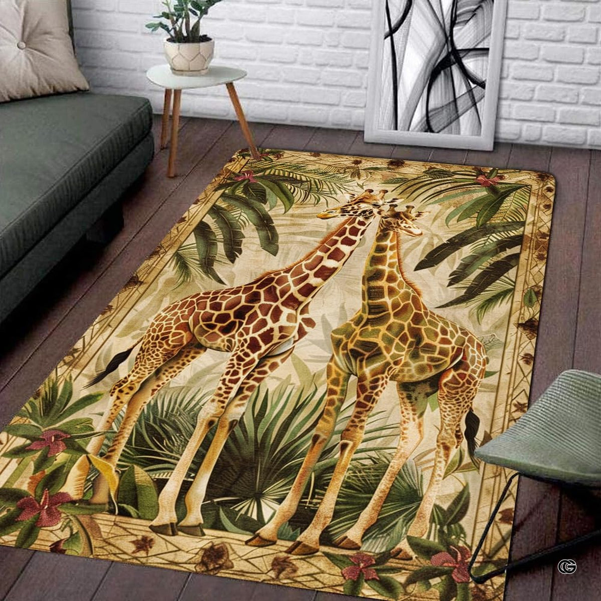 Modern living room setting displaying the vintage botanical giraffe pair area rug