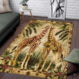 Modern living room setting displaying the vintage botanical giraffe pair area rug