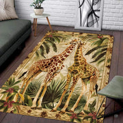 Modern living room setting displaying the vintage botanical giraffe pair area rug - thumbnail image 1 of 7