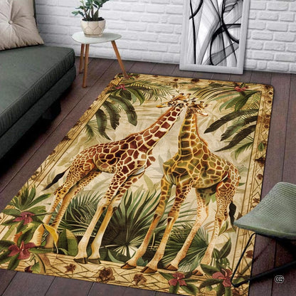Modern living room setting displaying the vintage botanical giraffe pair area rug - thumbnail image 1 of 7