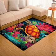 Coastal styled bedroom featuring the colorful Chillgen sea turtle decorative floor rug. - thumbnail image 7 of 7