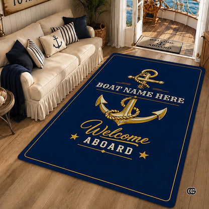 Custom Boat Rug, Personalized Welcome Aboard Mat with Boat Name, Nautical Area Rug for Deck, Entryway or Floor, Anchor Marine Decor, Boating Gift (Boat Rug 02)