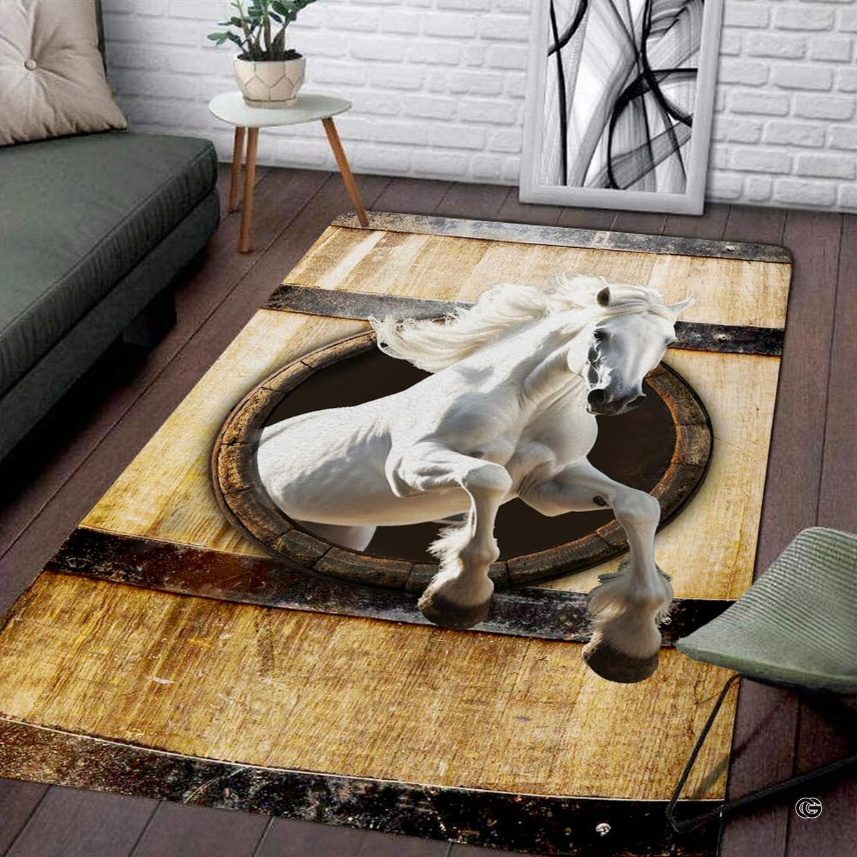 3D white horse rustic barn door illusion illustration rectangular area rug. - image 1 of 7
