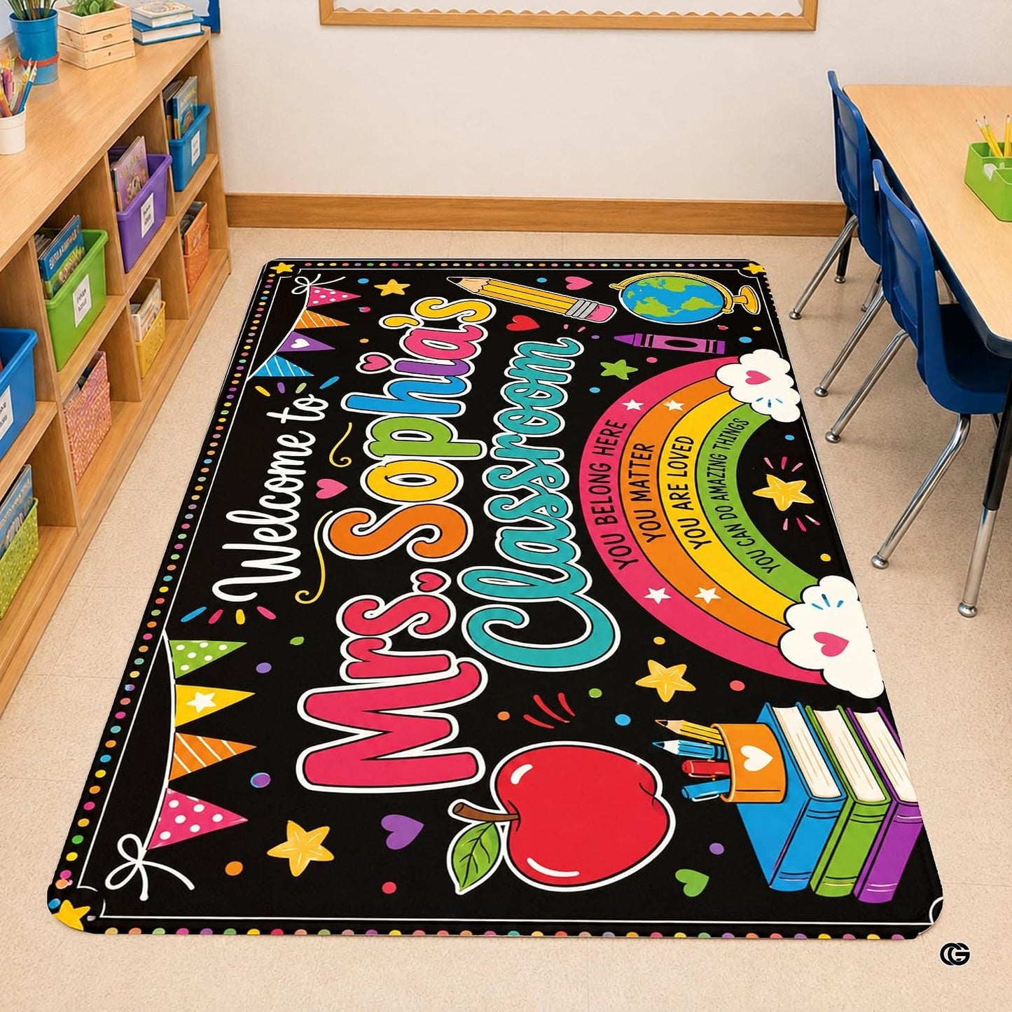 Personalized Teacher Classroom Rug, Custom Back to School Welcome Mat with Name, Kindergarten Preschool Elementary Decor, Composition Notebook Carpet (A10)